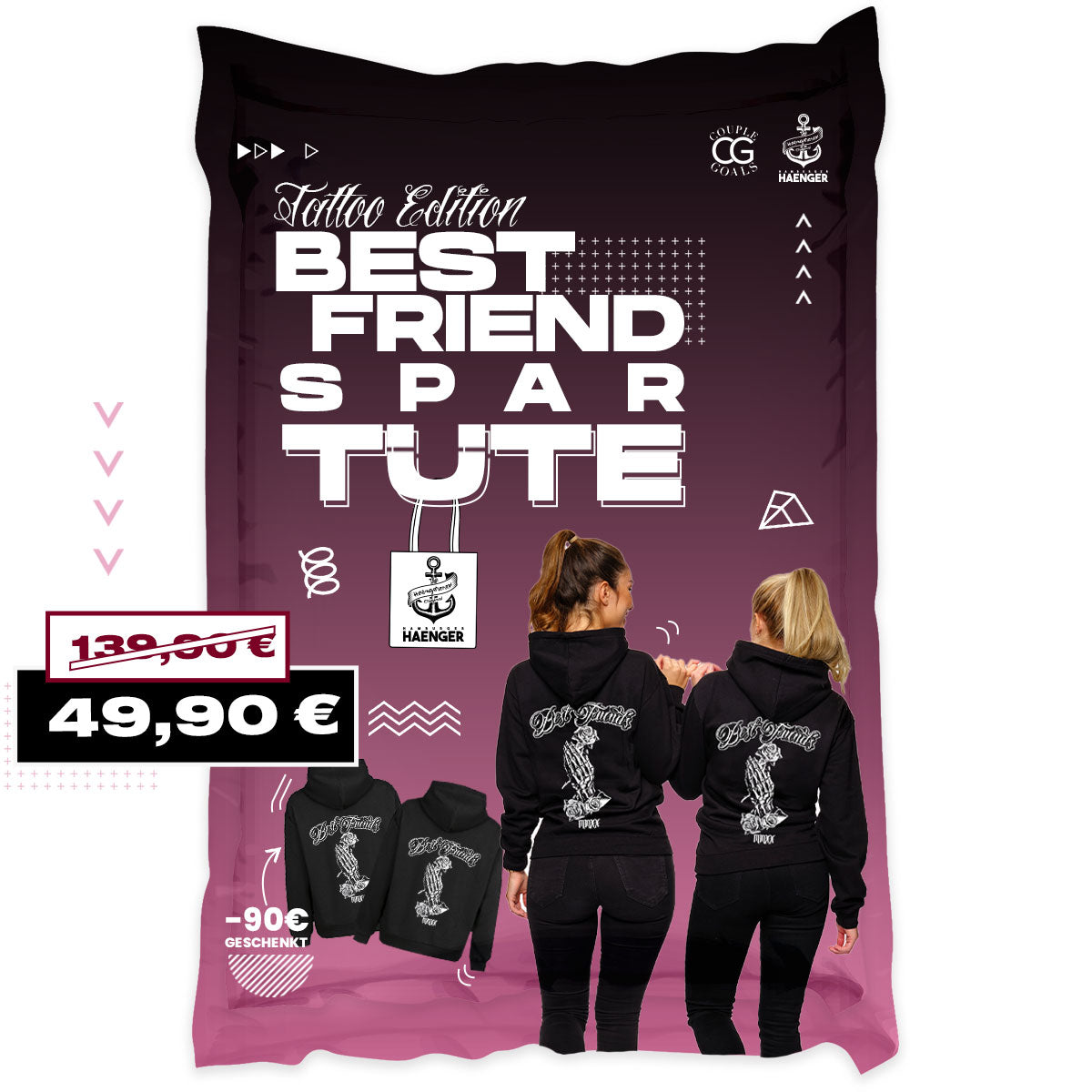 Spar Tüte 2er Set Best Friends Tattoo Hoodie Hamburger Hänger 